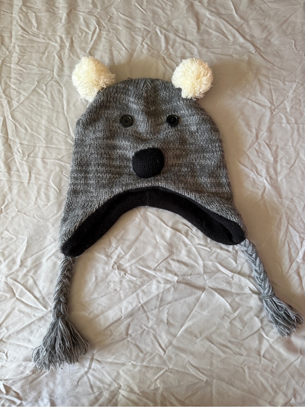 Kids Gray Bear Earflap Hat with Cream Pom-Poms